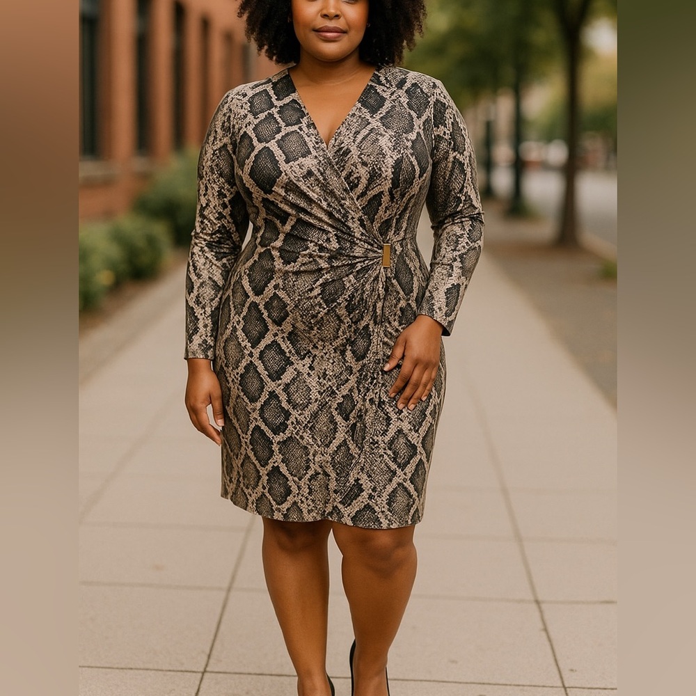 Chaps Snake Print Long Sleeve Dress - Black and Tan